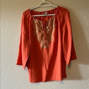 Chico's Vibrant Orange Blouse with Gold Embroidery